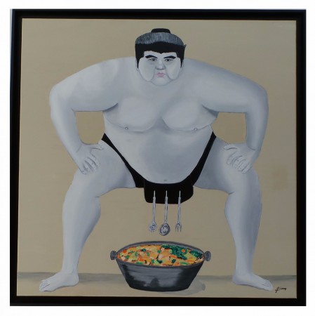 CHANKO NABE : huile sur toile, 90 x 90, février 2016. Sumo japonais et son copieux repas préféré
