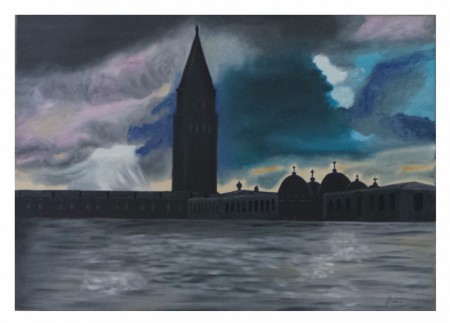 VENISE MENACEE : huile sur toile, 50 cm x 70 cm, novembre 2015. Conséquence probable du réchauffement climatique sur la ville de Venise, dans plusieurs dizaines d’années…