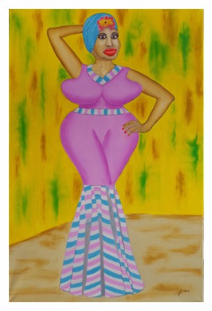 SAINTE-ROSE LA BOMBE CREOLE : huile sur toile, 90 x 60, janvier 2016. Femme métisse aux formes très généreuses.