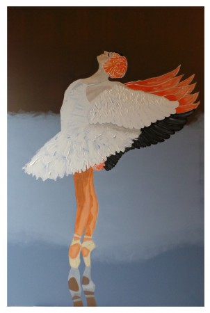 Le lac des flamants roses : acrylique sur toile, 150 cm x 100 cm, janvier 2019.