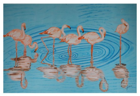 Les flamants roses : acrylique sur toile, 100 cm x 150 cm, janvier 2019 